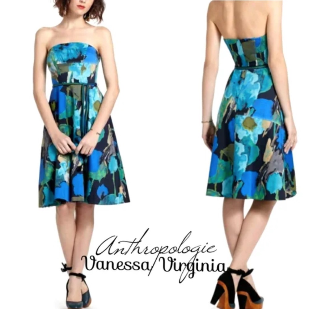Anthropologie Vanessa Virginia Strapless Dress, Blue Green Floral, Size 8